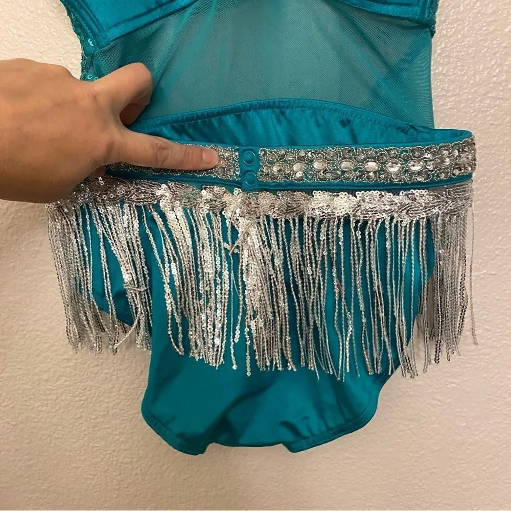 Glamour dance costume teal silver fringe contemporary Broadway embellished SA